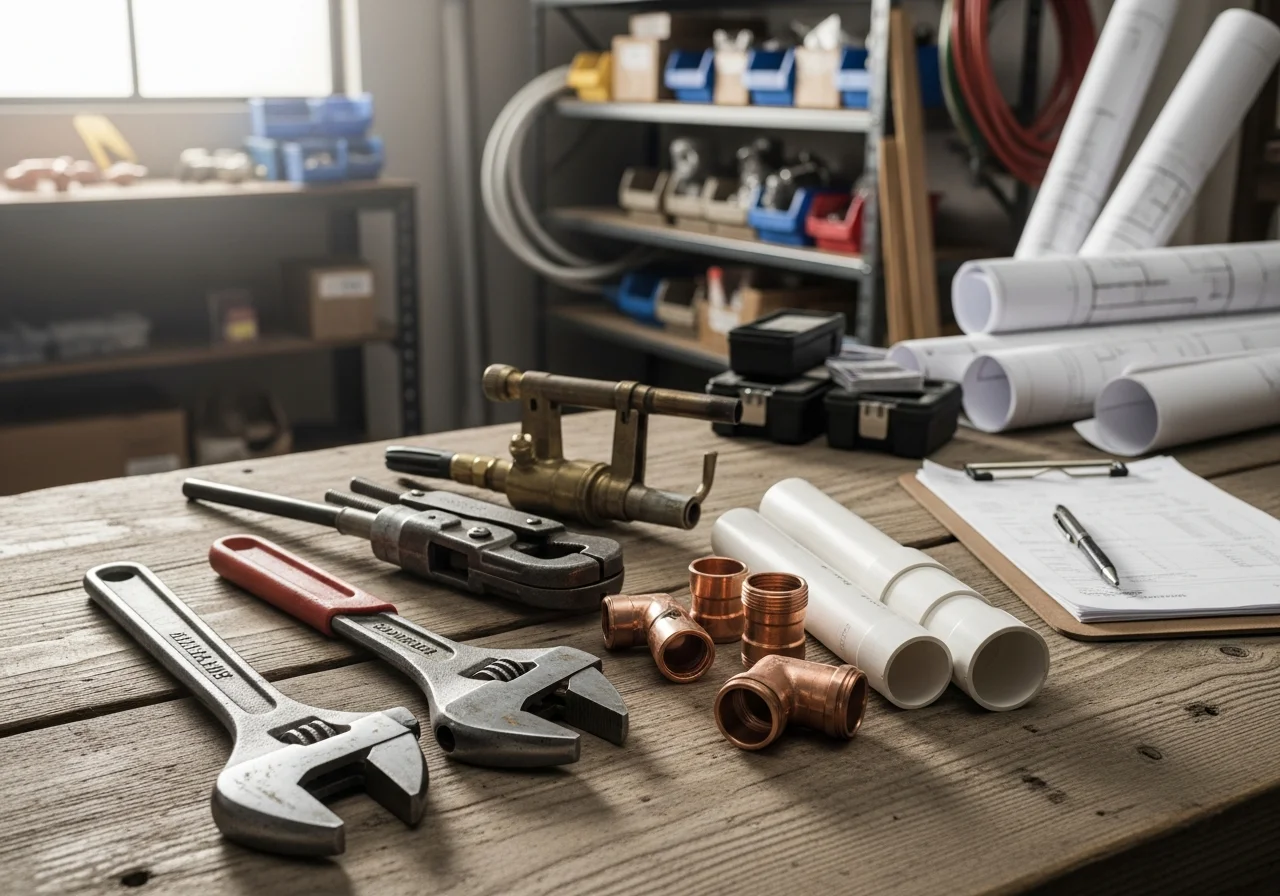 Plumbing tools and equipment arranged on a work surface, representing professional service readiness and quality craftsmanship.