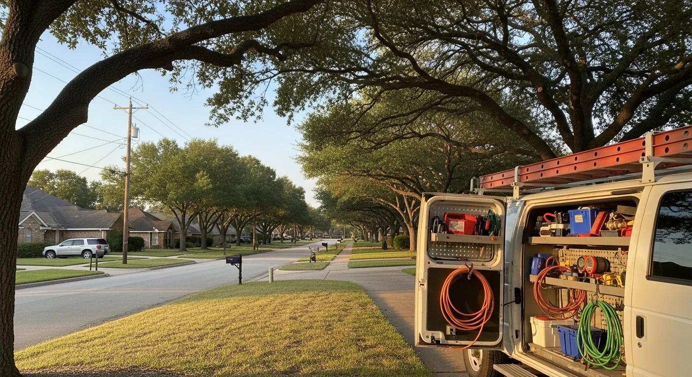 Residential street in Pasadena, TX with established homes and mature trees lining the road.