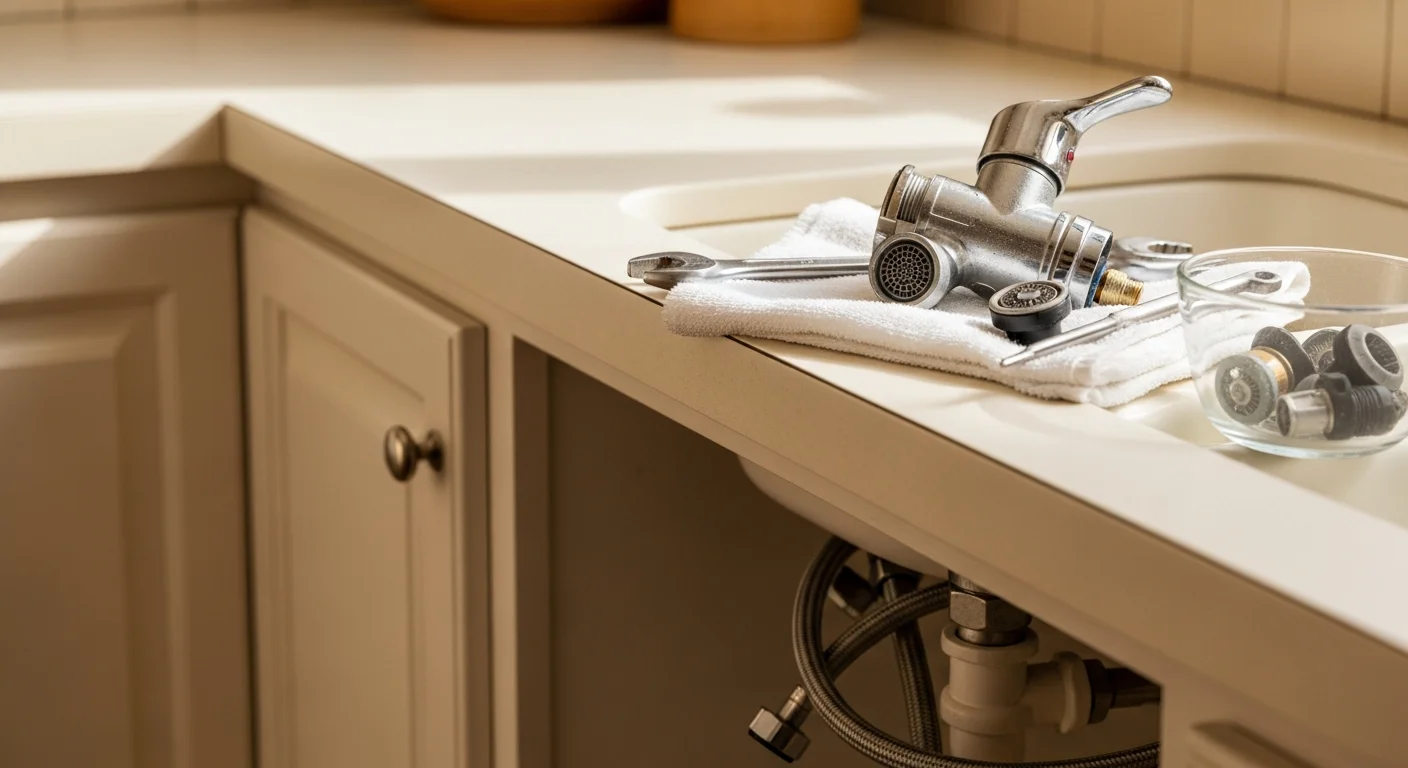 A licensed plumber from Yado's Plumbing installing a new kitchen faucet under a sink in a Pasadena home. The work area shows copper supply lines and a shutoff valve typical of older Pasadena residential construction.