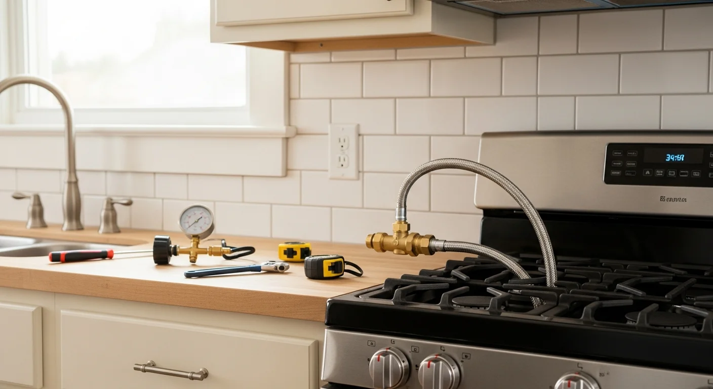 A licensed plumber from Yado's Plumbing connecting a gas supply line to a residential range in a Pasadena home kitchen. The shutoff valve and flexible connector are visible at the appliance connection point.