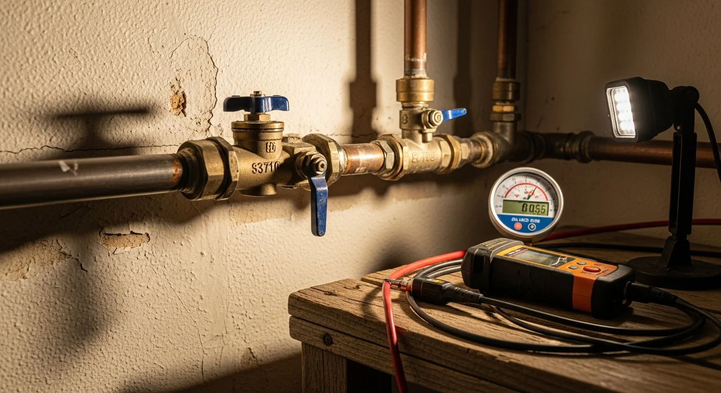A licensed gas fitter from Yado's Plumbing inspecting an exposed gas pipe and shutoff valve inside a Pasadena home. The technician uses a pressure gauge to test line integrity on an older residential property.