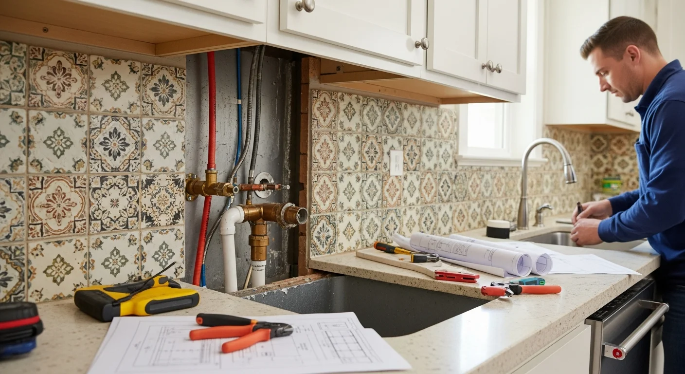 A licensed gas fitter from Yado's Plumbing connecting new black iron pipe to a residential gas meter at a Pasadena home. The work area shows exposed wall framing and properly routed piping ready for pressure testing.