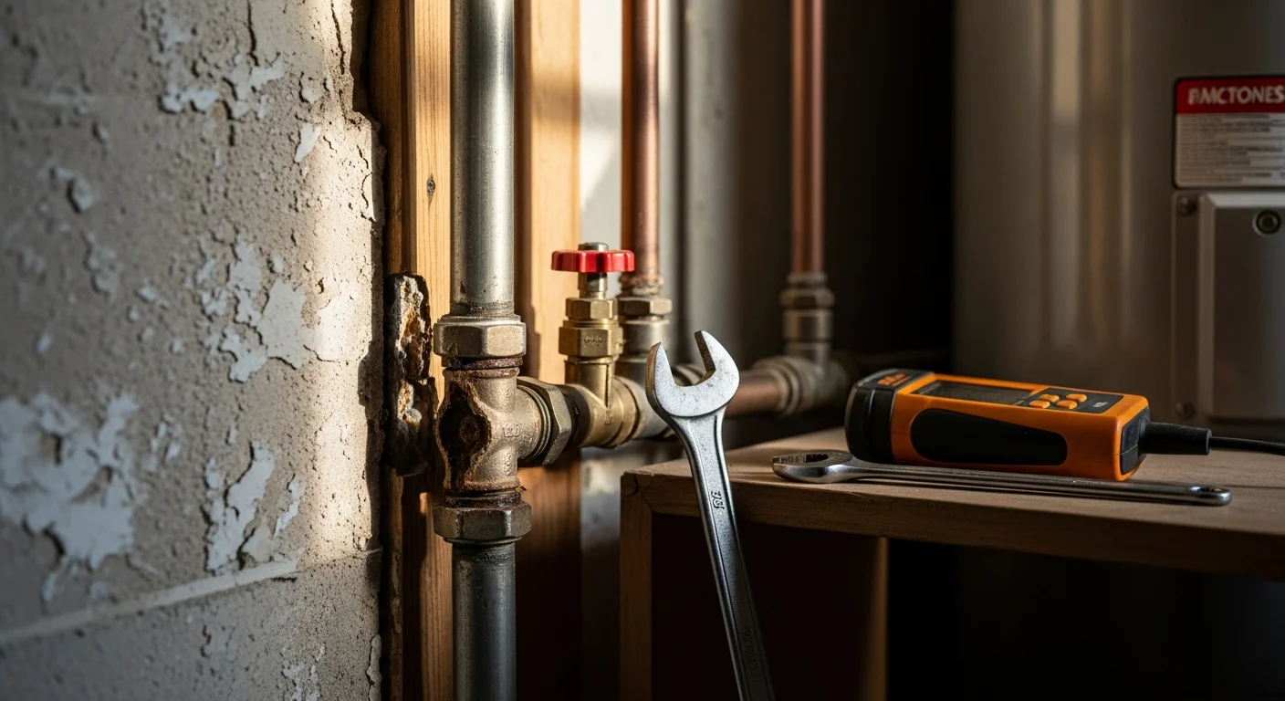 A licensed gas fitter from Yado's Plumbing inspecting an exposed gas pipe and shutoff valve beneath a residential property in Pasadena, California. The technician uses leak detection equipment to check fittings on an older home's gas supply line.