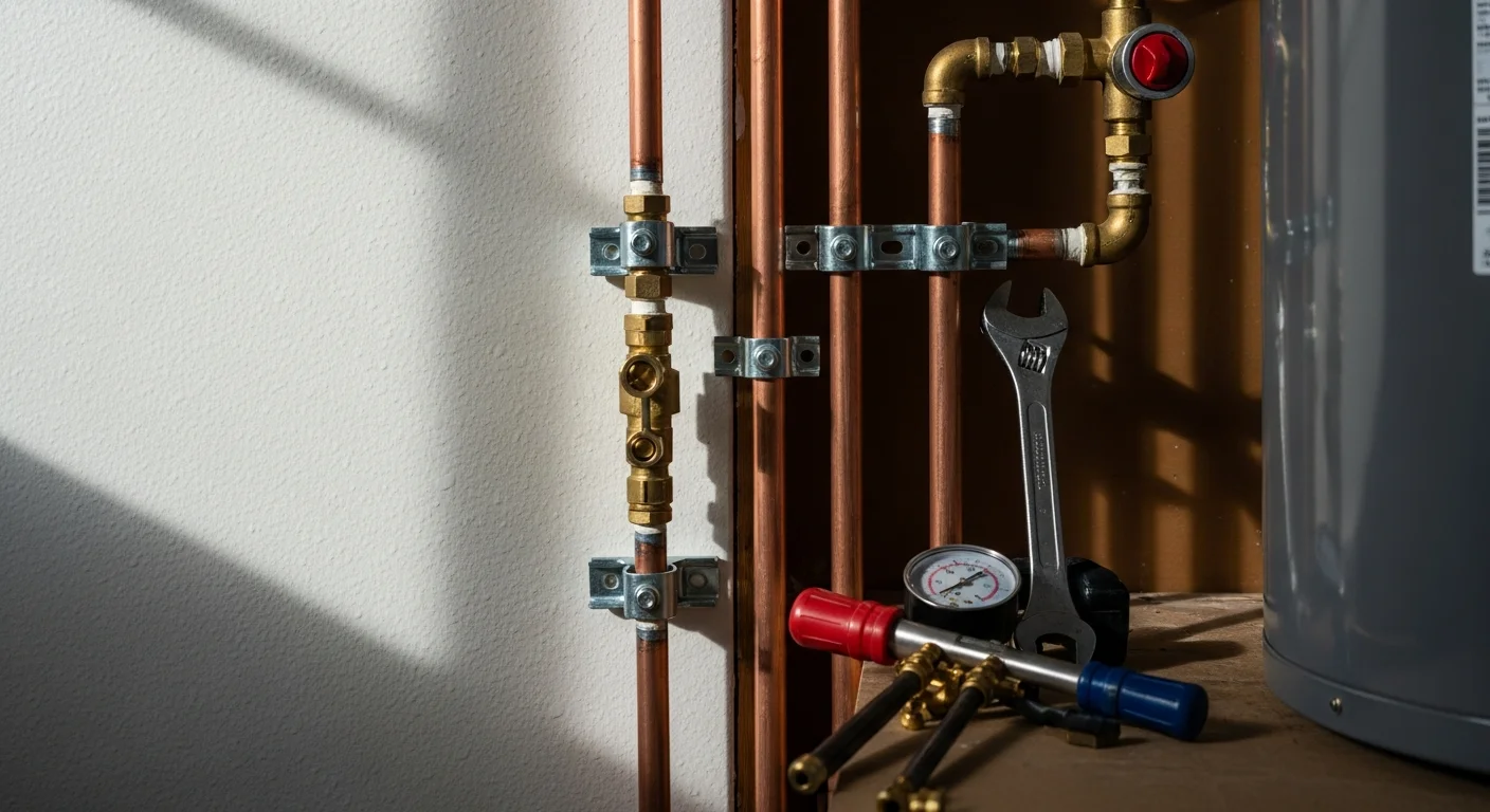 A licensed gas fitter replacing corroded residential gas piping beneath a Pasadena home, with new pipe sections laid out and ready for connection. The work area shows exposed wall framing and a pressure gauge attached to the line for testing.