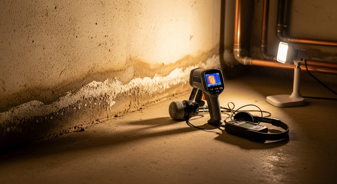A Yado's Plumbing technician using acoustic leak detection equipment on the floor of a Pasadena home to locate a hidden slab leak. The image shows the plumber kneeling near a concrete floor with detection gear in hand, inside an older single-story residential property.