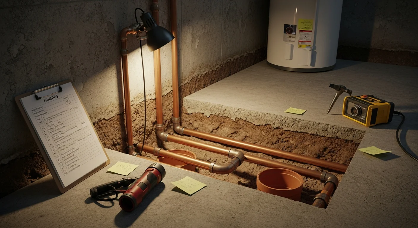 A licensed Yado's Plumbing technician inspecting exposed supply and drain lines beneath a kitchen sink in an older Pasadena home. A clipboard with a written inspection report rests on the counter nearby.