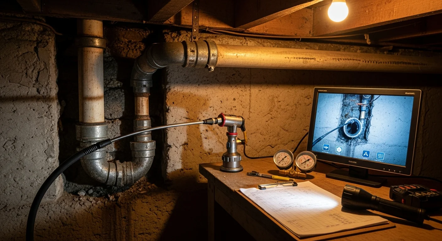 A licensed plumber from Yado's Plumbing inspecting exposed supply pipes and drain lines beneath a sink in an older Pasadena home during a pre-purchase plumbing inspection. A sewer camera monitor sits nearby showing the interior condition of the main sewer lateral.