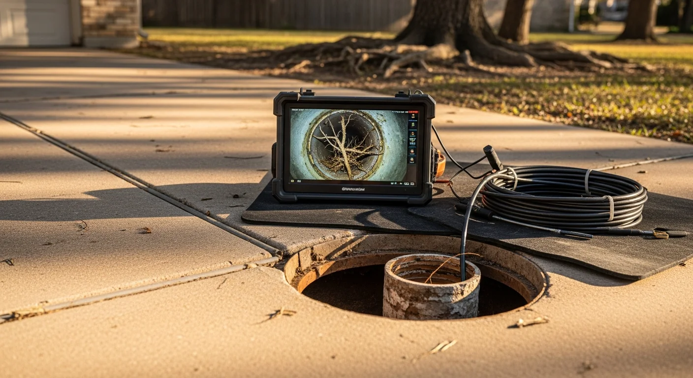 A plumber from Yado's Plumbing reviewing sewer camera footage on a monitor outside a Pasadena home, with the camera feed showing the interior of an aging clay sewer pipe. The inspection is being conducted at a residential property with mature trees visible in the background.