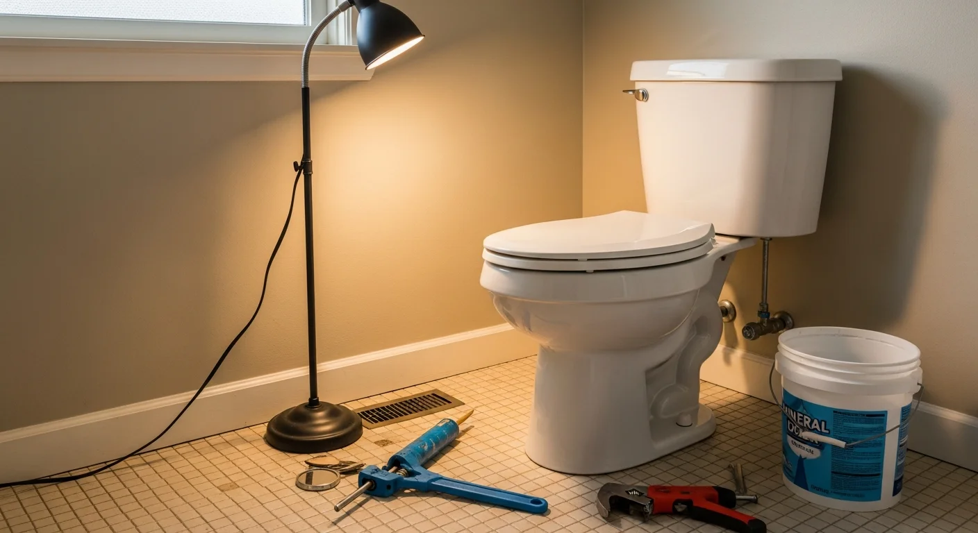 A licensed plumber installing a new white toilet in a residential bathroom in Pasadena, California. The plumber is securing the base to the floor flange with the water supply line visible and ready for connection.