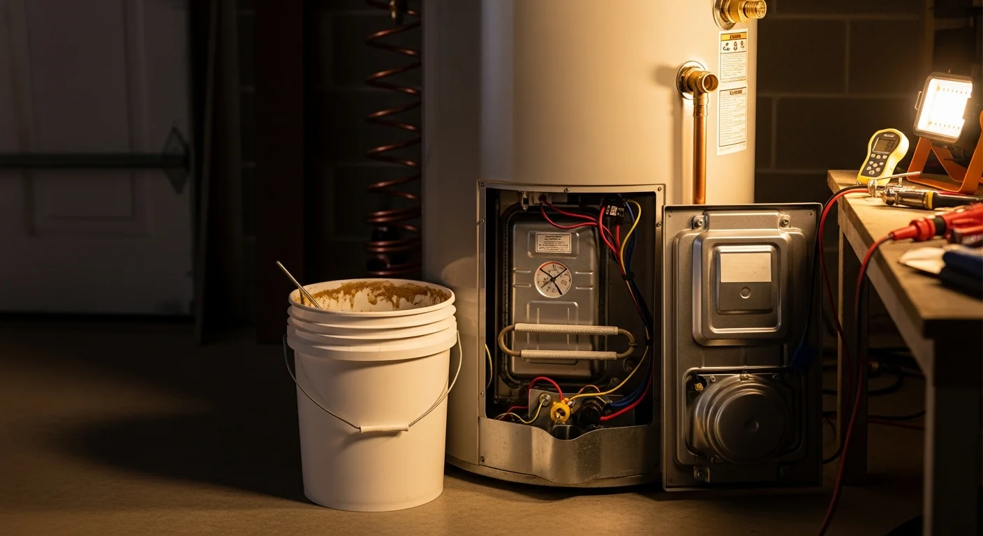 A plumber flushing sediment from a residential tank water heater in a Pasadena home utility room. The technician inspects the anode rod and pressure relief valve during a routine maintenance visit.