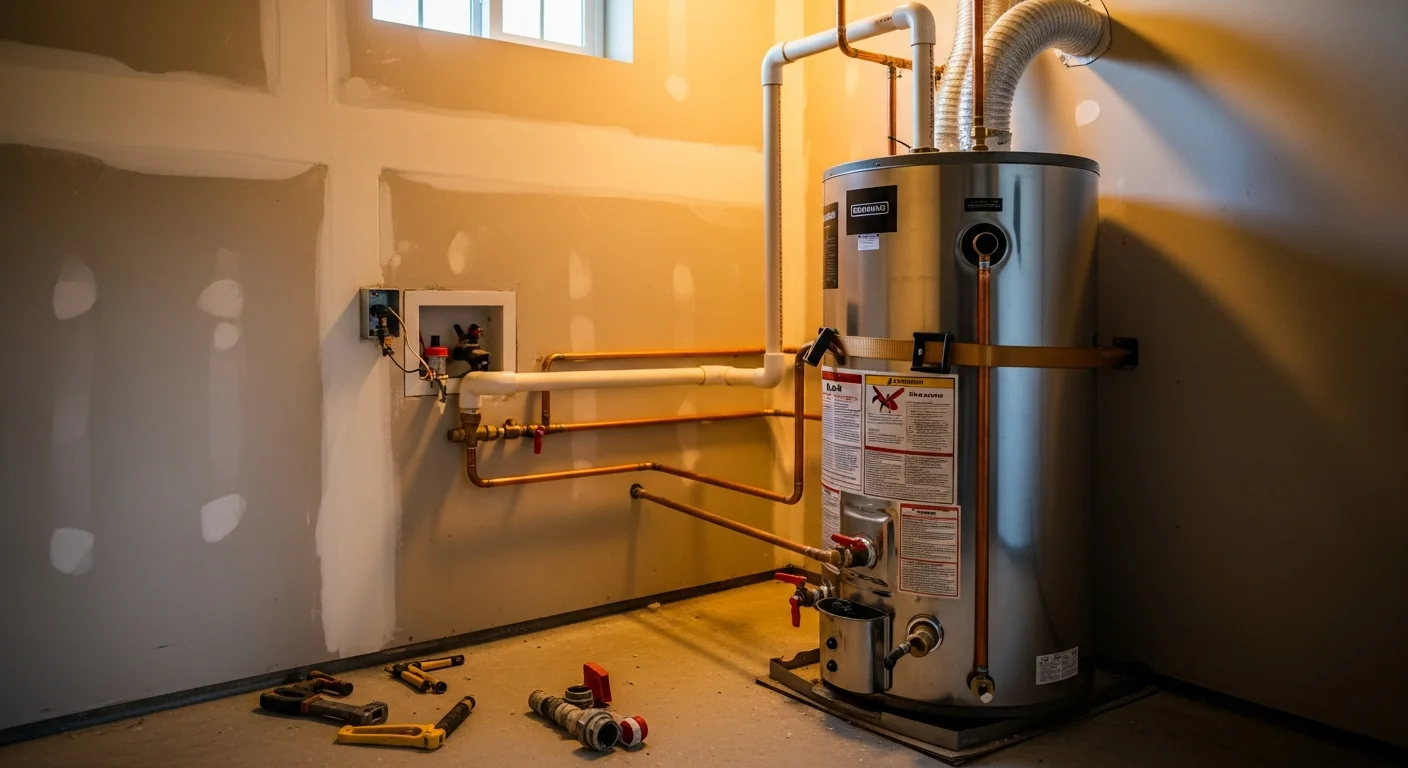 A licensed plumber from Yado's Plumbing completing a water heater replacement in a Pasadena home garage, with a new tank unit secured with earthquake strapping against the wall. The old unit has been disconnected and set aside for removal.