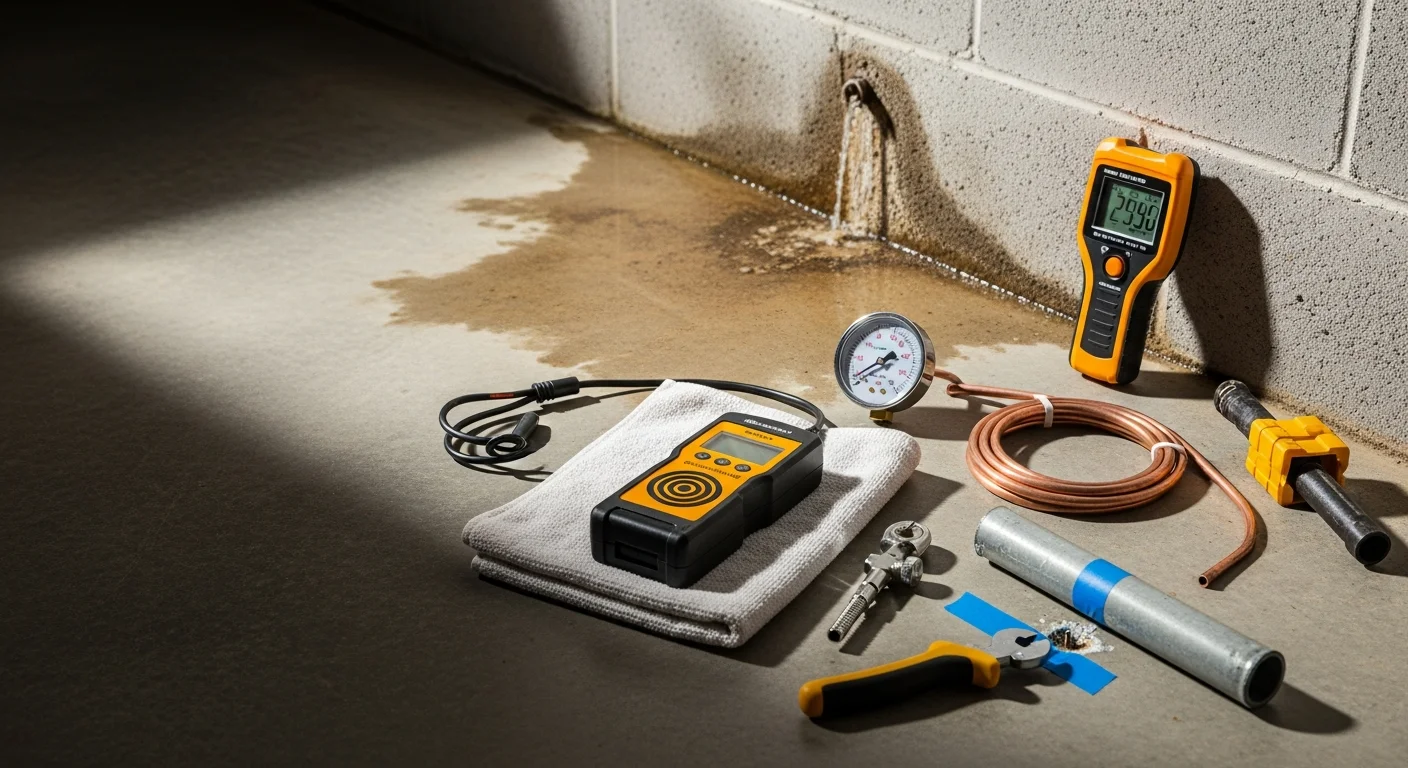 A Yado's Plumbing technician using acoustic leak detection equipment on a concrete slab floor inside a Pasadena home. The image shows the plumber pressing a listening device against the floor surface to locate a hidden pipe leak beneath the foundation.